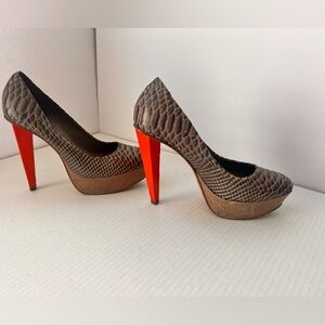 BCBG Maxazria Runway Leather Platform Grey Animal Print Orange Ultra High